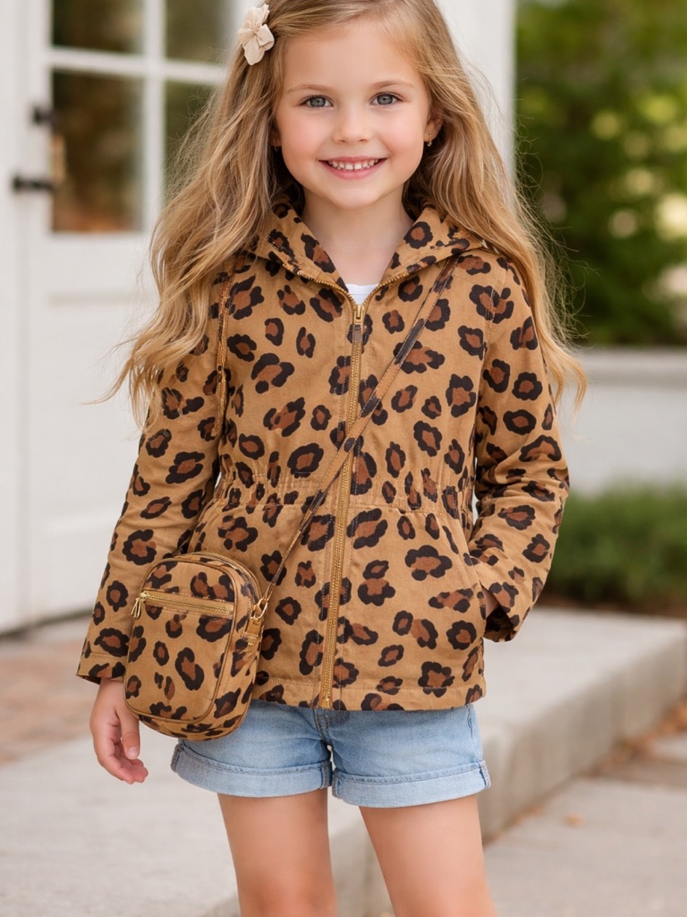 New Girls Leopard Print Hooded Jacket with Bag Size S (6/6X)
